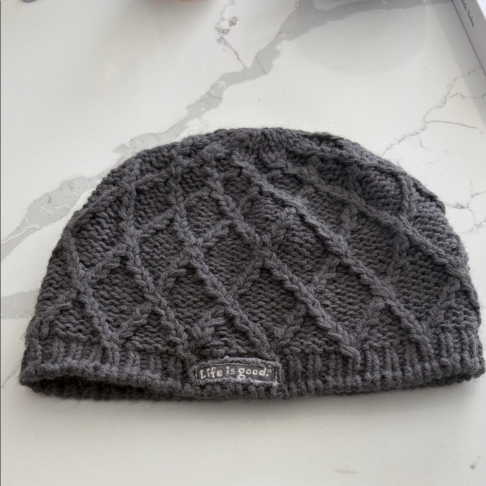 Life is Good Grey Cable Knit Diamond Pattern Beanie Hat